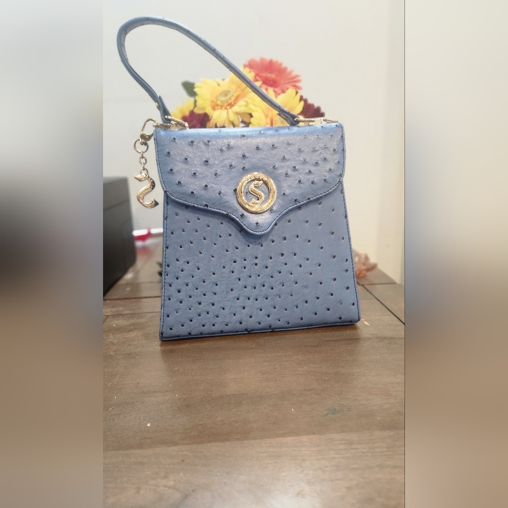 Stauer Italian Made Blue Ostrich-Embossed Shoulder Bag with Gold Logo